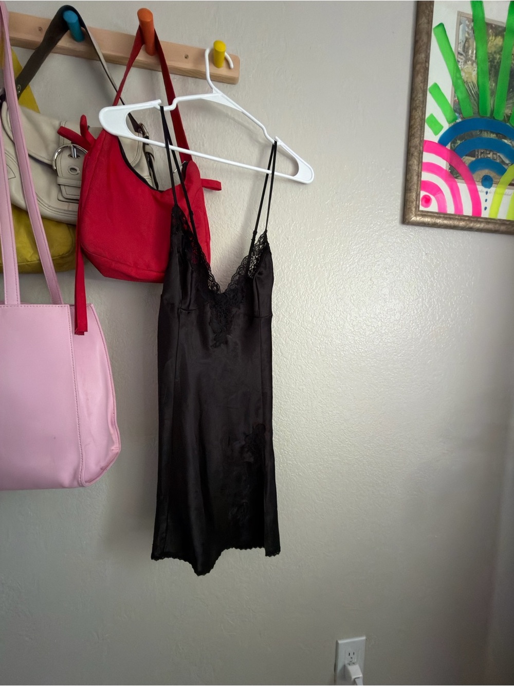 Frederick's of Hollywood Black Satin Lace Trim Chemise